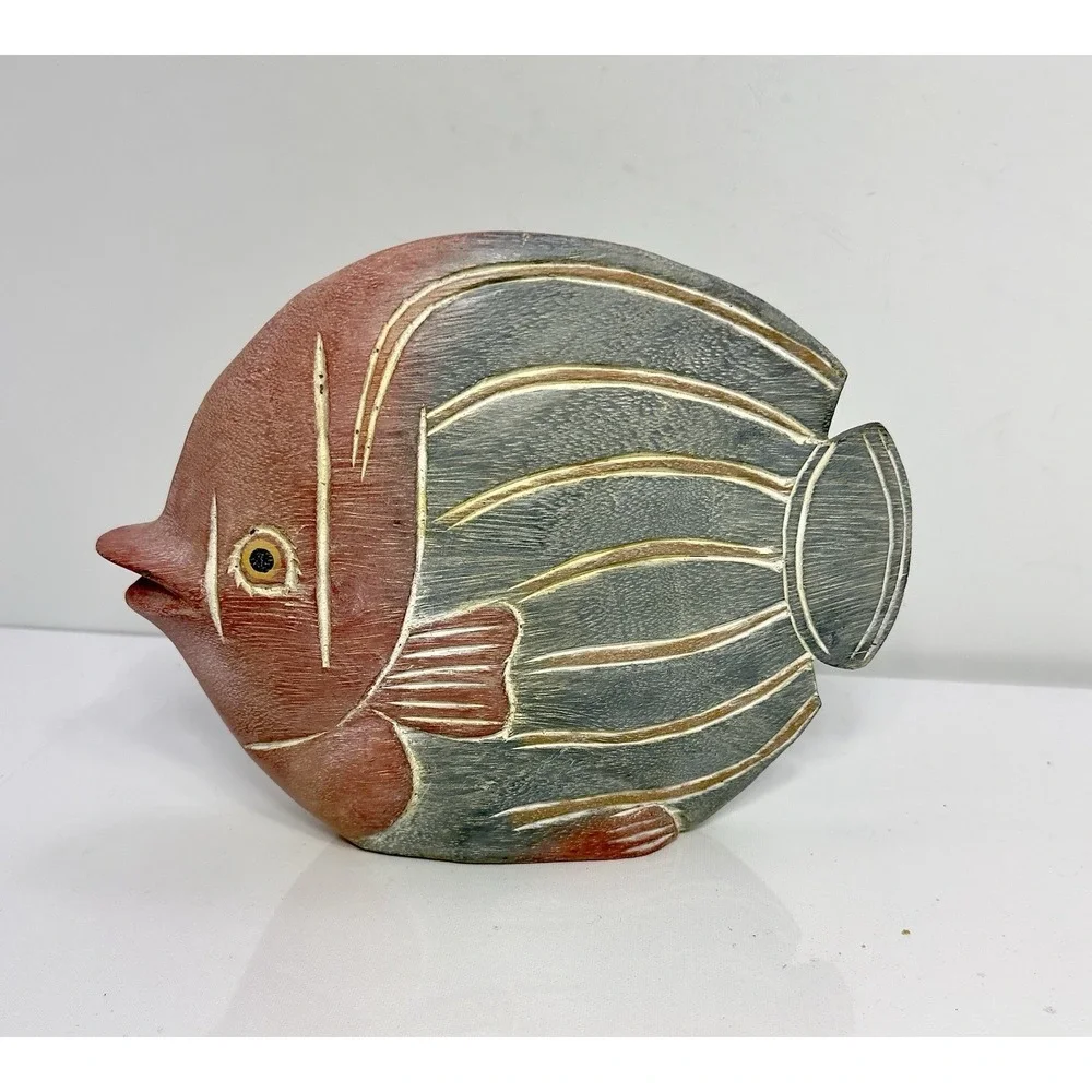 Hand Carved Wooden Fish Sculpture Tropical Ocean Decor Hand Painted Boho Modern
